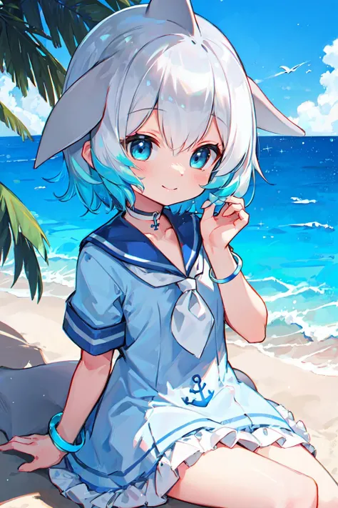 masterpiece, best quality, 1girl, solo, <lora:Common Bottlenose Dolphin:0.7>, fins, head fins, short hair, multicolored hair, grey hair, white hair, blue hair, blue eyes, cetacean tail, choker, white choker, bracelet, sailor collar, neckerchief, white neckerchief, dress, frilled dress, sailor dress, short sleeves, frills, anchor symbol, beach, smile, sitting,