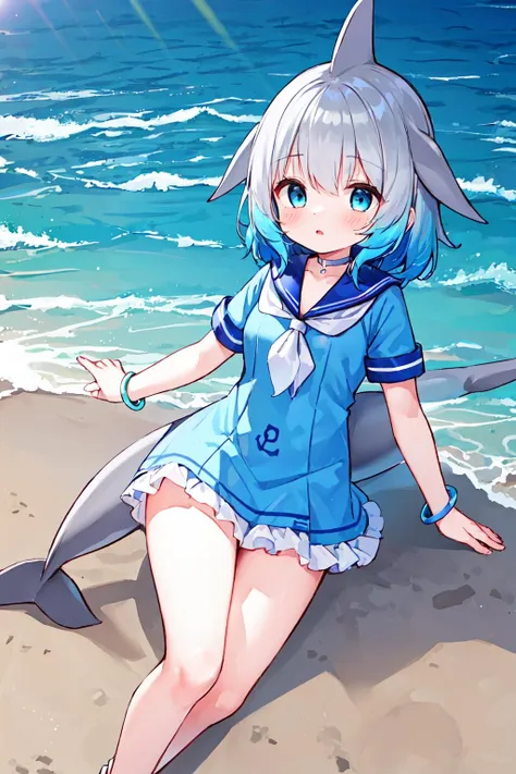 masterpiece, best quality, 1girl, solo, <lora:Common Bottlenose Dolphin:0.7>, fins, head fins, short hair, multicolored hair, grey hair, white hair, blue hair, blue eyes, cetacean tail, choker, white choker, bracelet, sailor collar, neckerchief, white neckerchief, dress, frilled dress, sailor dress, short sleeves, frills, anchor symbol, beach,