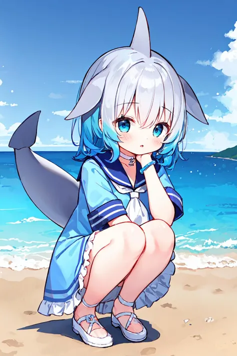 masterpiece, best quality, 1girl, solo, <lora:Common Bottlenose Dolphin:0.7>, fins, head fins, short hair, multicolored hair, grey hair, white hair, blue hair, blue eyes, cetacean tail, choker, white choker, bracelet, sailor collar, neckerchief, white neckerchief, dress, frilled dress, sailor dress, short sleeves, frills, anchor symbol, beach, squatting,