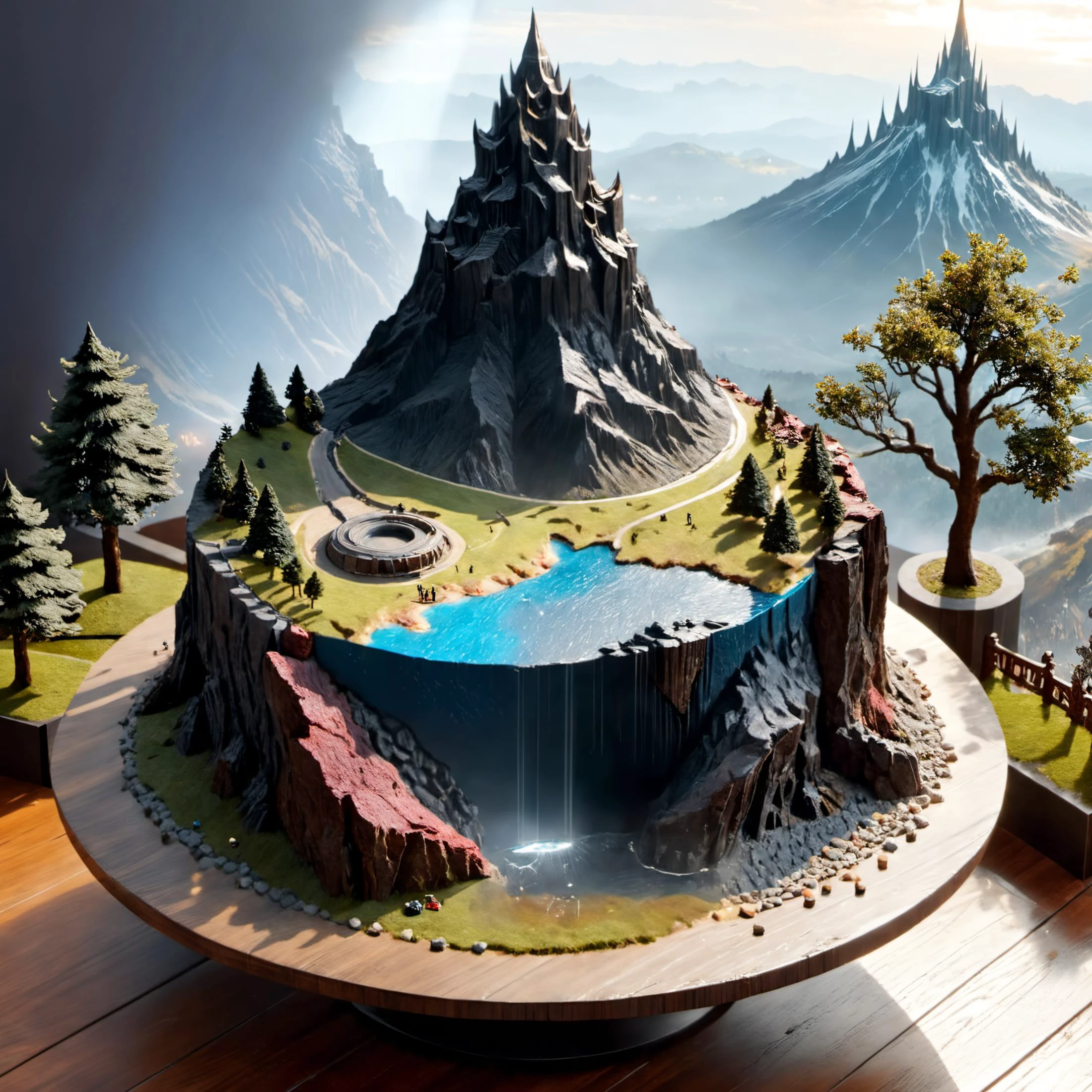 (8k, RAW photo, best quality, masterpiece:1.3), <lora:sdxl_loha_miniature2_v2-000080:0.8>, realistic, miniature, isometric, landscape,mini\(ttp\), (8k, RAW photo, best quality, masterpiece:1.2), Eye of Sauron\(the lord of ring\), miniature, landscape, on a table,