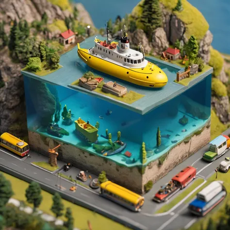 (8k, RAW photo, best quality, masterpiece:1.3), <lora:sdxl_loha_miniature2_v2:0.55>, realistic, miniature, isometric, landscape,mini\(ttp\), (8k, RAW photo, best quality, masterpiece:1.2),A yellow submarine,isometric, miniature, landscape,