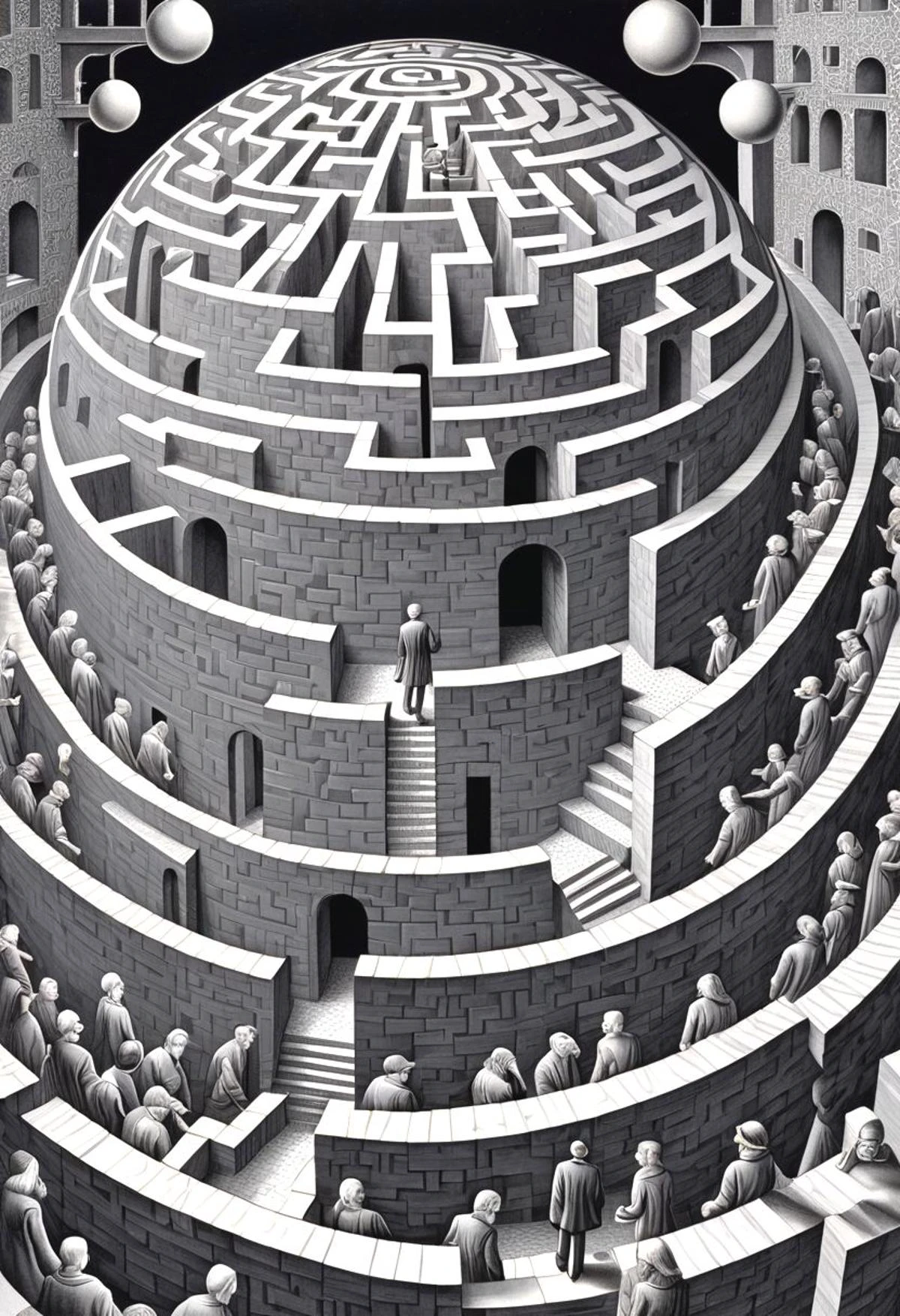 dvr-hgh-fnt, by M.C. Escher,, optical illusions,
a man moves through impossible maze through time and space to get to the woman at the end, glowing marble sphere