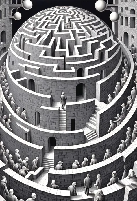 dvr-hgh-fnt, by M.C. Escher,, optical illusions, 
a man moves through impossible maze through time and space to get to the woman at the end, glowing marble sphere