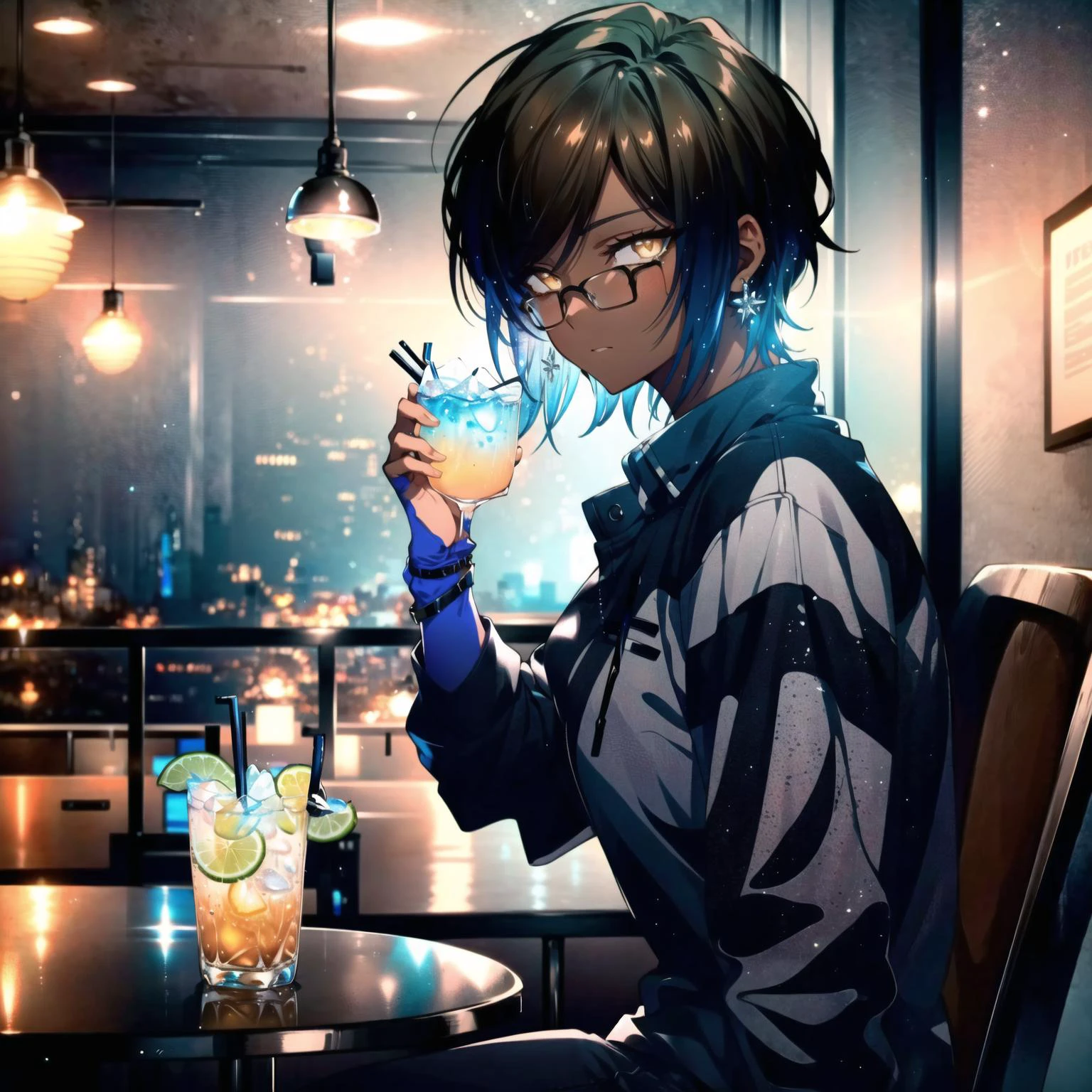 <lora:Outis-03:0.8>, 1girl, solo, (yellow eyes, outis, dark skin,brown short hair, dynamic angle, dim lighting:1.3), (perfect hands),(shirt), (sitting in cafe, food, drinks, perfect anatomy:1.3), jewelry, bangs, beautiful detailed eyes, hand watch, exquisite details, hyper detailed,best quality,Masterpiece++, (small breasts, tall, muscular female, old:1.1)+,beautiful detailed face, intricate details, anime screencap, shiny eyes, eye reflection, perfect eyes, shiny hair, (hard light), digital bending, exquisite detailed, masterpiece, (wit studio, studio quality), ultra detailed, (anime style:1.2), face focus, beautiful eyes, beautiful face, best quality, detailed eyes, vivid colors, hyper detailed, cinematic light, <lora:GoodHands-beta2:1> <lora:Lgirl-v6_500steps:-6>
