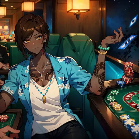 1girl with (yellow eyes, (dark skin), brown short hair, blue hawaiian shirt with floral print, black pants, green bead bracelet, black tattoo, black arm tattoo, black neck tattoo, chain necklace, solo, crazy smile, outis, perfect shadows, dim lighting, cinematic light:1.3), cleavage, jewelry, bangs, detailed eyes, exquisite details, best quality,Masterpiece++,+,detailed face, calm, intricate details, anime screencap, shiny eyes, eye reflection, perfect eyes,(shaded eyes), digital bending, masterpiece, (wit studio, studio quality), ultra detailed, (anime style:1.2), face focus, best quality, vivid colors, <lora:Lgirl-v6_500steps:-5>, (sitting at casino card table, playing chips), <lora:LibraryOfRuina-000006:0.5>, (perfect hands), (muscular female, tall, perfect anatomy:1.3), hyper detailed, short sleeves, coin, <lora:Outis-03:0.8>, dagger