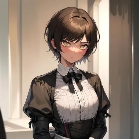 masterpiece, best quality 1girl, brown hair, short hair, yellow eyes, maid outfit, <lora:Outis-03:1>