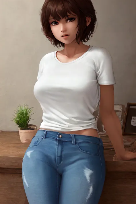 award winning photo of a realistic girl, soft lighting, extremely detailed, (photorealistic:1.3), dynamic pose, medium breasts, indoors, short hair, unique hair:1.3, jeans, tee shirt, adult, mature