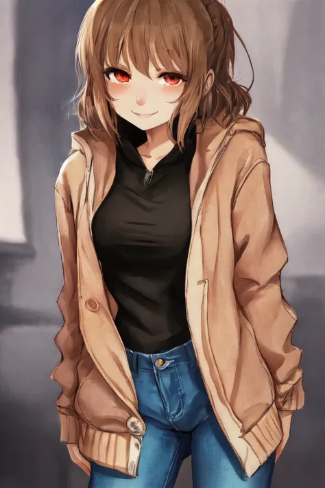 award winning illustration of a anime girl, soft lighting, extremely detailed, smile:0.7, jacket, jeans, large eyes