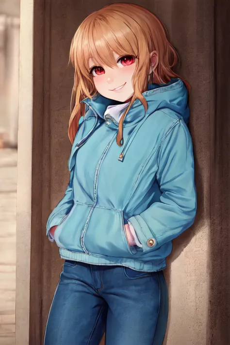 award winning illustration of a anime girl, soft lighting, extremely detailed, smile:0.7, jacket, jeans, large eyes