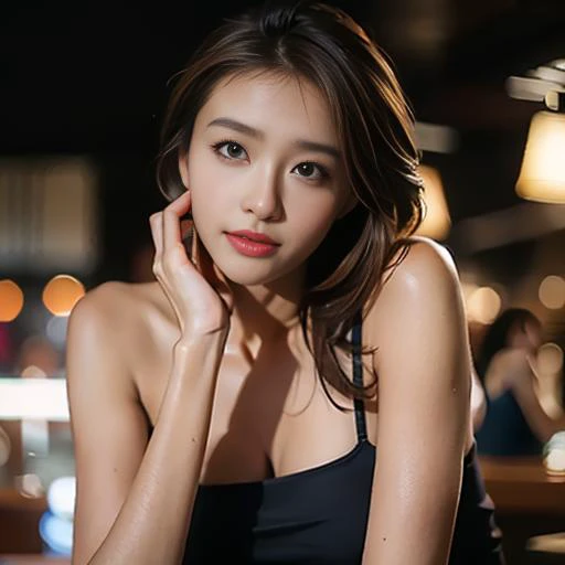 ( (((A beautiful woman))), (beautiful eyes),(((detailed face))),(flawless complexion), perfect body anatomy, natural pose, huge breasts,pretty,white sleeveless turtle neck, white silky clothes, tight mini-skirt, 4k , super high resolution ,(photo-realistic: 1.7),dark background,black short hair, ((SFW)), cowboy_shot, night bokeh, SFW)