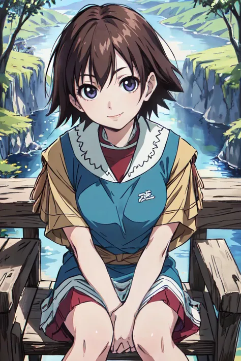 (best quality, masterpiece, RAW photo,ultra-detailed:1.2), <lyco:GoodHands-beta2:1.0>1girl, pov, looking at viewer, smile,
<lyco:karyoutenv3:0.8>karyouten, poncho, D, brown,short hair, sitting on nature,