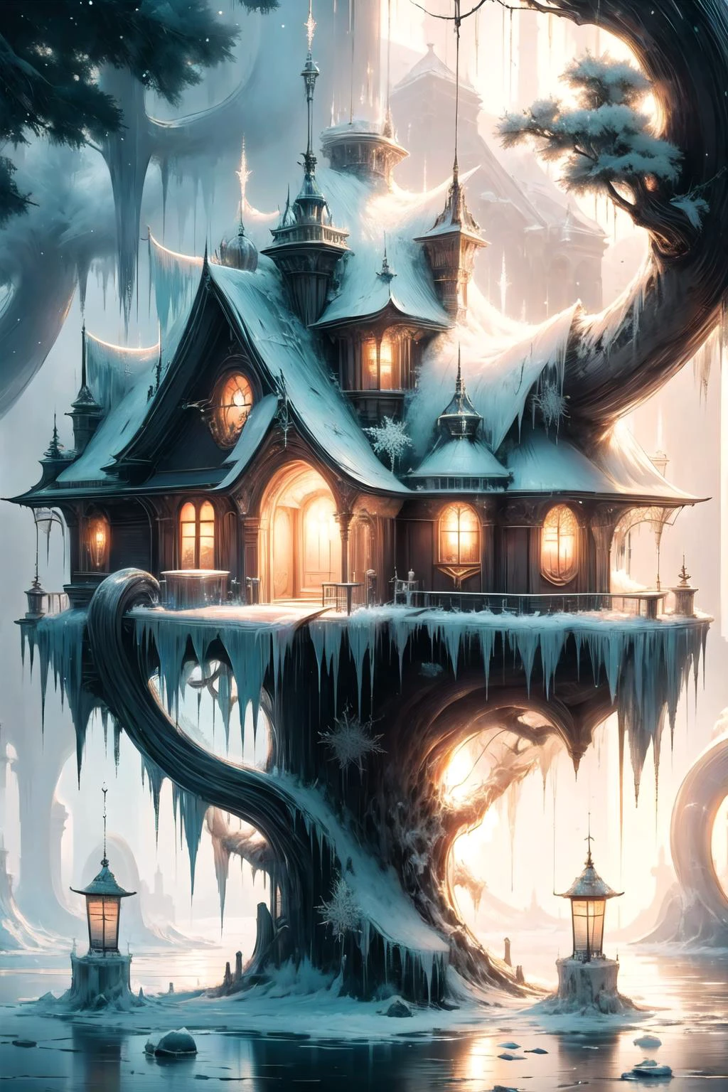 <lora:frosted-style-richy-v1:1>, frostedstyle, crystalline, frozen, ice,
a futuristic tree (house:1.3) by a german architect perched in a (giant tree:1.2) on the water in a beautiful lush (green forest::1.1) intricate details, i canât believe how beautiful this is, in the style of filip hodas, bo bartlett, 8k uhd, organic minimalism, hyper-realistic,