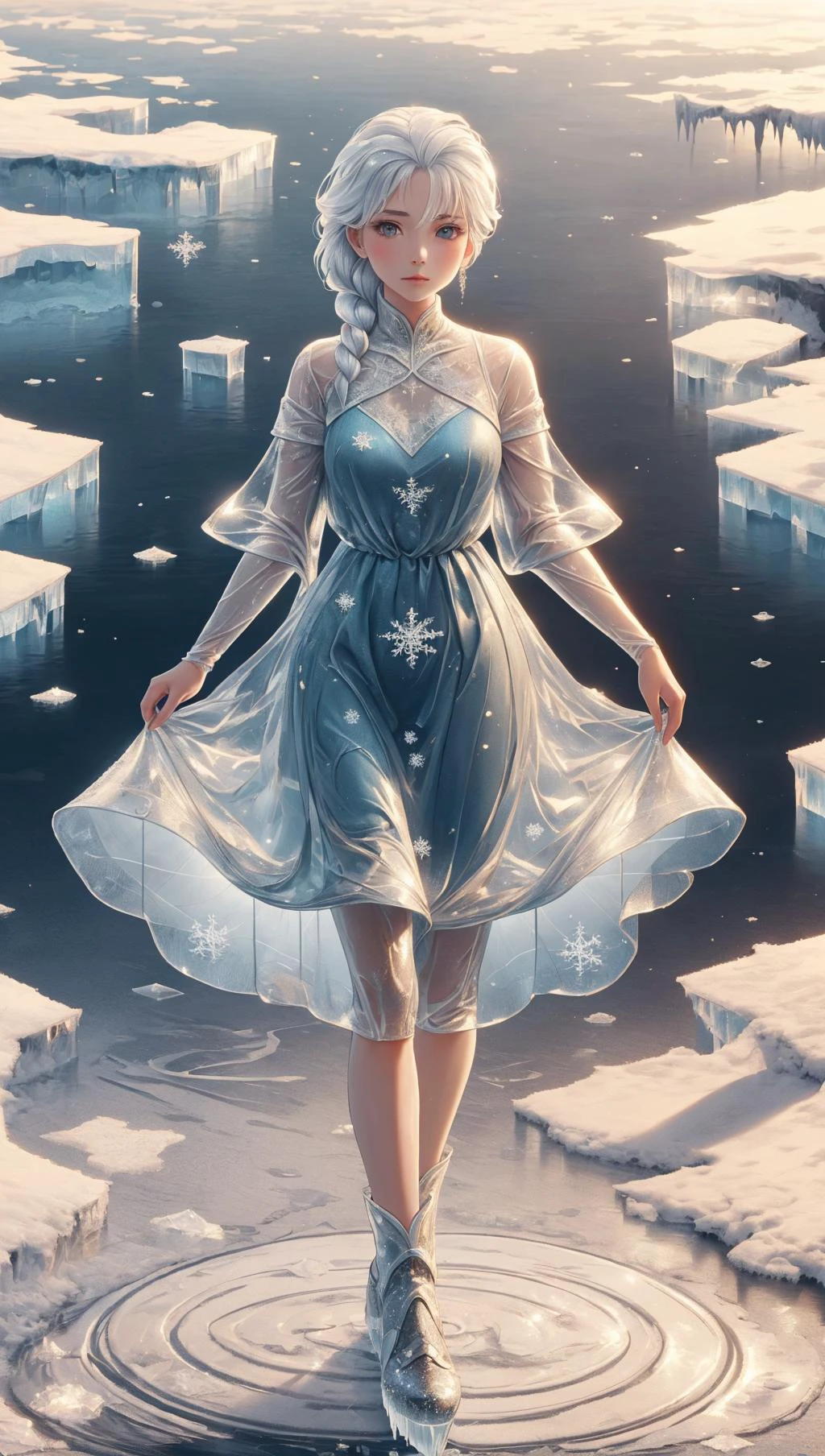 masterpiece,best quality,<lora:frosted-style-richy-v1:1>,frostedstyle,woman standing on frozen lake,wearing a long blue dress that seems part of the ice,looking at viewer,