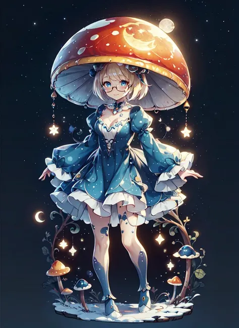 ((best quality)), ((highly detailed)), masterpiece, absurdres, detailed face, beautiful face, (detailed eyes, deep eyes), (1girl), (glasses), dutch_angle, full body, ((wide shot)), <lora:Mushroom:.6>, mushroom, mushroom girl, monster girl, short hair, blonde hair, mushroom on head, blue mushroom, colored skin, (spots pattern bodypaint:1.33), medium breasts, smiling, polka dot dress, puffy sleeves, long sleeves, collarbone, (outside, at a field of flowers, evening, night sky, stars, lunar eclipse), <lora:frosted-style-richy-v1:1>, frostedstyle