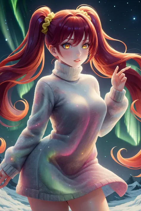 masterpiece, best quality, <lora:aurora-style-richy-v1:0.8> aurorastyle, <lora:frosted-style-richy-v1:0.8> frostedstyle, 1girl, solo, standing, red hair, twintails, turtleneck, very long hair, hair scrunchie, dark, darkness, tundra, night sky, night, yellow eyes, aurora, long sleeves, parted lips,