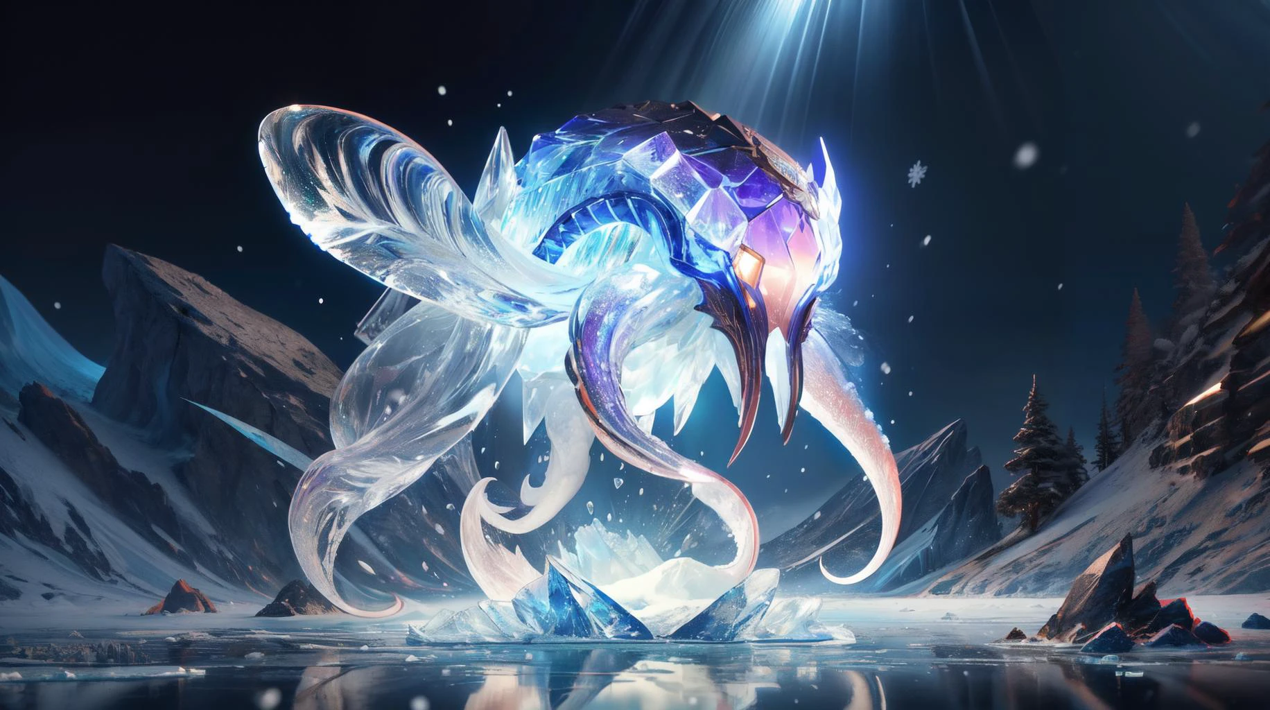 (masterpiece, best quality, fullscreen), [(full body:1.2)::0.2] (photo of a giant snow [magical being:creature:0.2]:1.4), (Contemporary Rodent body with Cephalopod head and with many Flippers:1.2), (transparent holo ice Illuminated skin texture:1.4), (Cunning:1.0), (long ice Spiral Horns:1.1), (looking at the viewer:1.5), (Burnt Umber Blue Hour reflecting all around:1.2), (Hopeful and Exalted atmosphere:1.3), (Opalescent Depth Blur background high on a glacier surrounded by many huge ice cubes:1.2), <lora:EFFECT frosted-style-richy-v1:0.2> frostedstyle, , <lora:MONSTER kUglyCreaturesV2:0.6> U61yCre4ture, , <lora:LIGHT NOISEOFFSET_V2_BY_STABLE_YOGI:0.3> low key, two-tone, <lora:QUALITY kkw-better-v1.0a:0.1>, <lora:QUALITY add_detail:0.7>, (Full body Shot, Shallow Focus Shot, Low Angle Shot:[1.2:0.5:0.1]), heavily detailed, , (sharp focus), xtremely detailed, intricate complexity, epic composition, magical atmosphere, cinematic lighting,steadfast, appealing,highly detailed,8K,post-processing,digital painting, trending on artstation, concept art, sharp focus,processing, WLOP, full body