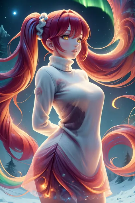 masterpiece, best quality, <lora:aurora-style-richy-v1:0.8> aurorastyle, <lora:frosted-style-richy-v1:0.8> frostedstyle, 1girl, solo, standing, red hair, twintails, turtleneck, very long hair, hair scrunchie, dark, darkness, tundra, night sky, night, yellow eyes, aurora, long sleeves, parted lips, mature female, arms behind back,