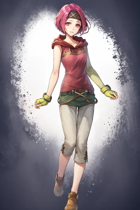 <lora:Neimi_FE-10:0.9> neimi fe, 1girl, solo, short hair, gloves, full body, elbow gloves, pants, hood, fingerless gloves, headband, asymmetrical clothes