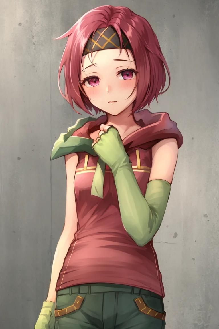 <lora:Neimi_FE-10:0.9> neimi fe, 1girl, solo, blush, short hair, gloves, elbow gloves, pants, hood, fingerless gloves, headband, asymmetrical clothes, asymmetrical gloves