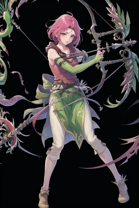 masterpiece, best quality, absurdres, <lora:FEH_Concept_v2:1>, feh, black background, simple background, 
1girl, solo, standing, full body, 
<lora:Neimi_FE-10:0.65>, neimi fe, bow \(weapon\), arrow \(projectile\), green glove
