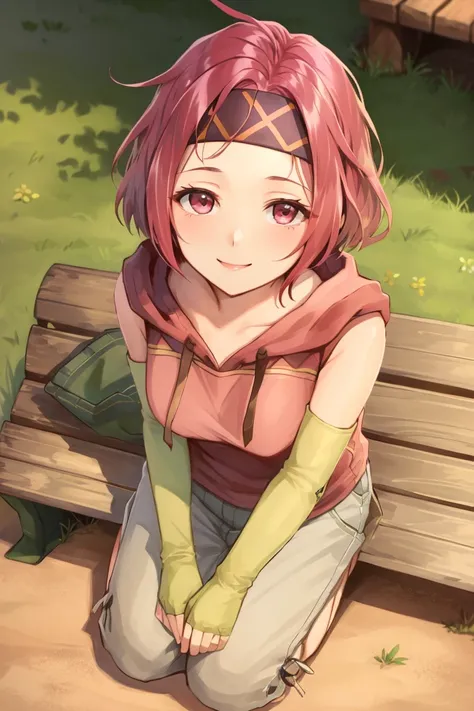 <lora:Neimi_FE-10:0.9> neimi fe, 1girl, solo, short hair, gloves, elbow gloves, pants, hood, fingerless gloves, headband, asymmetrical clothes, asymmetrical gloves, seiza, from above, looking at viewer, smile, hands on own lap, park, nature, bench