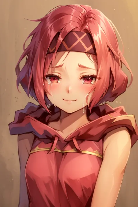 <lora:Neimi_FE-10:0.9>  neimi fe, 1girl, solo, looking at viewer, blush, smile, short hair, simple background, red eyes, closed mouth, upper body, tears, hood, armor, headband, hood down, crying, crying with eyes open