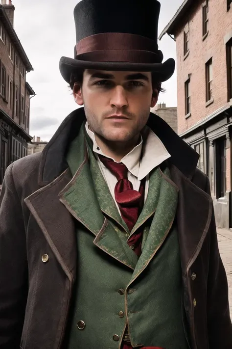 RAW photo, jacob frye, top hat, detailed eyes, eyebrow cut, in a Victorian street, (high detailed skin:1.2), 8k uhd, dslr, soft lighting, high quality, film grain, Fujifilm XT3 <lora:Nlo_JacobFrye_v1:1>