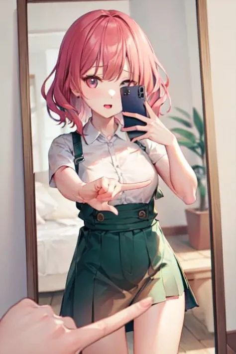 sfw, best quality, ultra detailed, <lora:one_finger_selfie:1>, selfie, mirror, holding phone, convenient censoring, clothing,