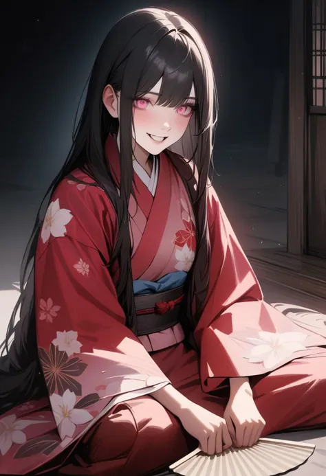 masterpiece, (best quality:1.2), (hyper-detailed:1.2), (realistic), (detailed light:1.1), newest, rating:general, expressive eyes, perfect face, perfect hands, (((1girl, solo, full body))), BREAK, (akane, bangs, pink eyes, black hair, red gradient hair, multicolor hair, long hair, soft mullet straight hair), pink with flower kimono outfit, talking, smiling with teeth, sitting, kneeling, on futon, holding a paper fan, japanese stage background