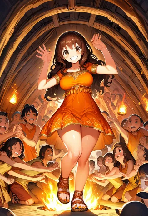 "Dance with me" Sexy anime with (orange indian dress with pailettes higly detailed:1.10), (dancing in the middle of the crowd:1.05), (medium breast:1.05), (breast covered:1.10), full-body, legs dancing pose, looking at you, indian hair, (thick dark brown wavy hair until mid-thigs:1.10), dark brown eyes, big eyes, wide smile, white teeth, (woven sandals:1.10), (medium nails), (hands palms pose rises up:1.10), (inside a visible hut highly detailed with a bonfire in the center and happy visible people:1.10)