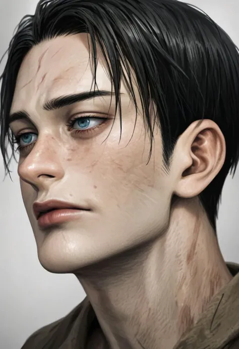 A realistic and hyper-realistic portrait of Levi Ackerman from Attack on Titan, post-season 4 and his grievous injury. On the right side of his face, he has a scar that starts on his forehead and runs down his face all the way to his chin. His right eye is a milky white, damaged by the injury that left the scar. Levi has short black hair in a curtained style, his good eye is grey-colored and small and narrow. He has a small nose. He has sharp features and a narrow and pointy chin. Good looking. Handsome. Sad.