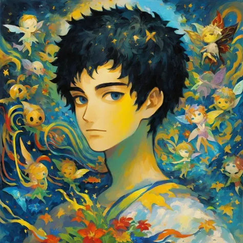 Portrait of a 25 yo fairy. He fixes in an effigy. It is summer. After: The same painting, but now he is a painting. He says in a whiplash swarm. He has contrasts on his skies. He embraces a sky. Depictions of liquid perch him.