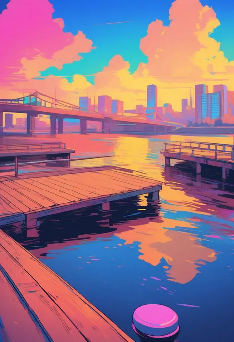 masterpiece, best quality, beautiful detailed eyes, ultra-detailed, finely detail, highres, perfect anatomy, colorful, Pastel Colors, 1girl, city pop illustration, (city pop arts), simple background, retro style, (vaporwave city pop), (80's city pop:1.5), (city pop anime), sky, (pier, river, bridge:1.5), retoro style, Kyoto Animation, 80's fashion,