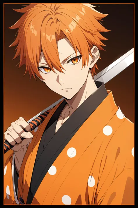 (masterpiece, best quality:1.2), kurosaki_ichigo, 1boy, black_border, black_shirt, border, colored_shadow, dutch_angle, hair_between_eyes, holding, holding_weapon, japanese_clothes, looking_at_viewer, male_focus, orange_eyes, orange_hair, orange_theme, polka_dot_shadow, shadow, shihakusho, shirt, solo, upper_body, weapon, weapon_on_back, wide_sleeves, wrist_straps