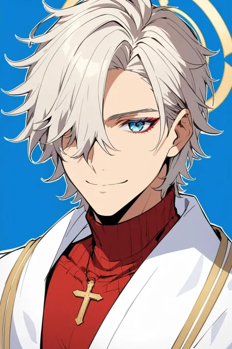 (masterpiece, best quality:1.2), asuka_r._kreutz, 1boy, bishounen, blue_background, blue_eyes, colored_eyelashes, compass_rose_halo, cross, hair_between_eyes, halo, latin_cross, light_smile, male_focus, messy_hair, multicolored_background, one_eye_covered, outline, red_shirt, robe, shirt, short_hair, sketch, solo_focus, turtleneck, white_background, white_hair, white_outline, white_robe