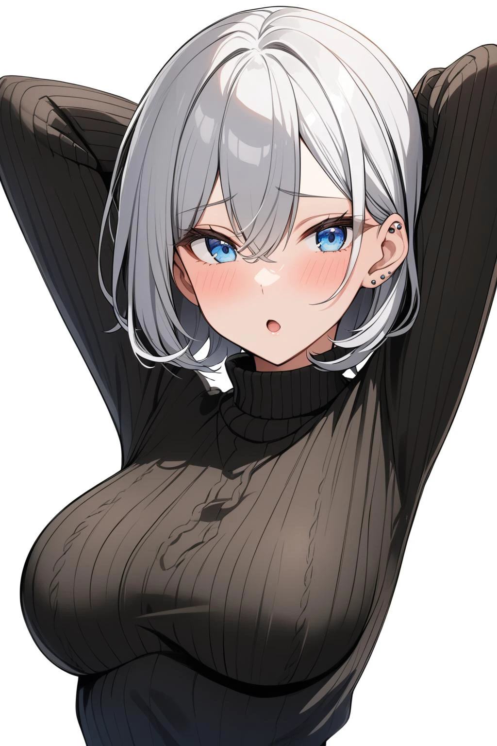 masterpiece, best quality, 1girl, arms_up, black_sweater, blue_eyes, blurry, blush, bra_visible_through_clothes, bralines, breasts, ear_piercing, grey_hair, hair_between_eyes, long_sleeves, looking_at_viewer, medium_breasts, open_mouth, piercing, short_hair, simple_background, solo, sweater, taut_clothes, taut_sweater, turtleneck, turtleneck_sweater, upper_body, white_background, white_hair
