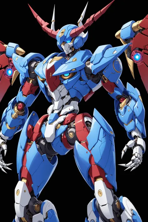 (masterpiece, best quality:1.2), god_getter, arm_blade, armor, aura, black_background, blue_armor, blue_eyes, colored_sclera, energy, horns, hunched_over, joints, lightning, looking_at_viewer, magic_circle, mecha, mechanical_horns, mechanical_wings, no_humans, ornate_armor, purple_lightning, red_stripes, red_wings, robot, robot_joints, spikes, super_robot, weapon, wings, yellow_sclera