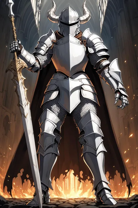 (masterpiece, best quality:1.2), silver_knight_(dark_souls), 1other, ambiguous_gender, armor, armored_boots, boots, breastplate, cape, chainmail, fake_horns, full_armor, gauntlets, helmet, holding, holding_polearm, holding_weapon, horned_helmet, horns, knight, pauldrons, polearm, shoulder_armor, solo, spear, standing, weapon