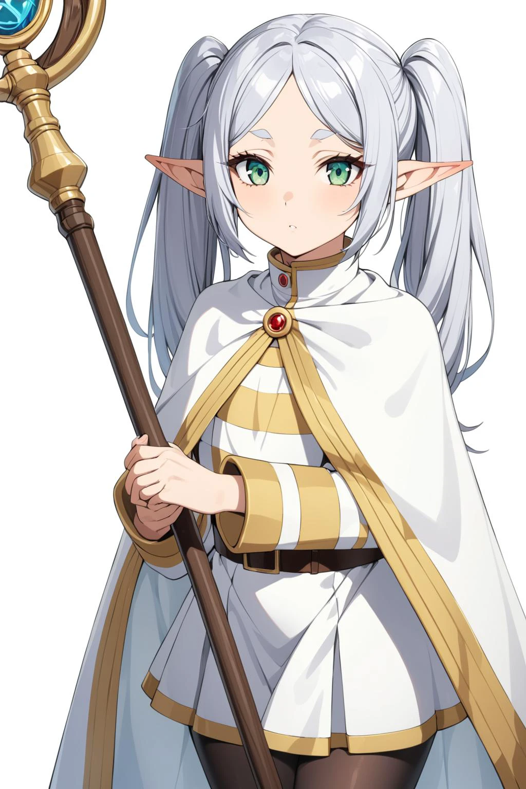 (masterpiece, best quality:1.2), frieren, black_pantyhose, capelet, elf, green_eyes, grey_hair, holding, holding_staff, looking_at_viewer, mage_staff, pantyhose, pointy_ears, shirt, simple_background, skirt, staff, striped_clothes, striped_shirt, twintails, white_background, white_capelet, white_skirt