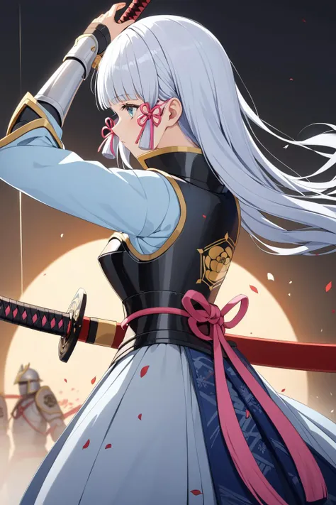 (masterpiece, best quality:1.2), kamisato_ayaka, 1girl, aqua_eyes, arm_armor, armor, arms_up, collared_dress, covered_mouth, cowboy_shot, dress, eye_trail, floating_hair, grey_dress, grey_hair, hair_ribbon, high_collar, holding, holding_sword, holding_weapon, japanese_armor, japanese_clothes, katana, kusazuri, light_trail, long_hair, looking_back, pink_ribbon, red_rope, ribbon, rope, sideways_glance, sleeves_past_elbows, solo, standing, sword, tassel, tress_ribbon, underbust, unsheathed, weapon
