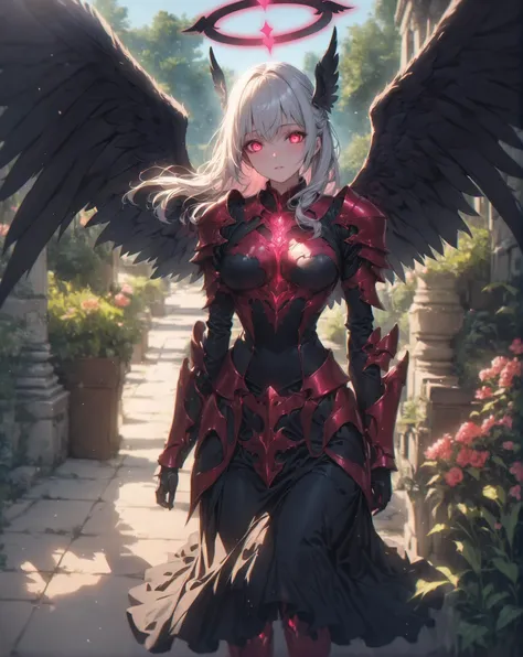 vibrant colors, vivid coloration, masterpiece, best quality, sharp focus, intricate, depth of field, volumetric lighting, 12k hdr, ray tracing, extremely detailed, aesthetic, creative, one woman, fallen angel, black feathered wings, black halo glowing with red light, black and red plate armor, medium white hair, ruby glowing eyes, medium breasts, outdoors, garden, day, sunny, epic fantasy theme, <lora:add-detail-xl:1>, <lora:add-detail-xl:1.5>, faetastic solo, <lora:SDXLFaeTastic2400:0.7>