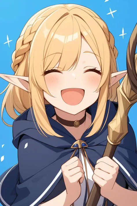 masterpiece, best quality, marcille_donato, 1girl, ^_^, blonde_hair, blue_background, blue_capelet, braid, capelet, choker, closed_eyes, elf, facing_viewer, french_braid, hands_up, happy, holding, holding_staff, hood, hood_down, hooded_capelet, laughing, long_hair, long_sleeves, multiple_braids, open_mouth, parted_bangs, pointy_ears, side_braid, solo, sprout, staff, upper_body