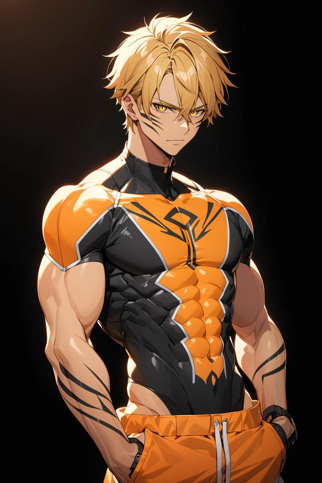 (masterpiece, best quality:1.2), 1boy, abs, black_background, black_jacket, blonde_hair, facial_mark, glowing, hand_up, jacket, looking_at_viewer, multicolored_clothes, open_clothes, open_jacket, orange_jacket, orange_theme, shadow_hands, solo, standing, stomach_tattoo, tattoo, toned, toned_male, whisker_markings, yellow_eyes