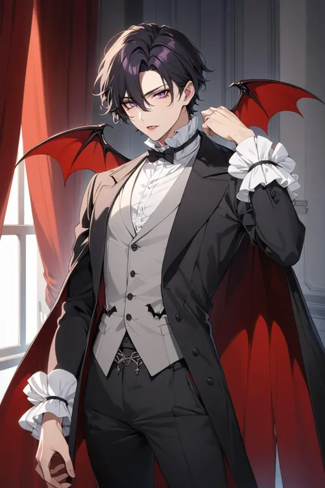 (masterpiece, best quality:1.2), 1boy, bat_wings, black_coat, black_footwear, black_hair, black_pants, coat, cross-laced_footwear, curtains, frilled_shirt_collar, frilled_sleeves, frills, full_body, grey_vest, hair_between_eyes, hand_up, lace-trimmed_sleeves, lace_trim, lapels, looking_at_viewer, male_focus, notched_lapels, pants, parted_lips, purple_eyes, red_wings, shirt, short_hair, solo, two-sided_coat, two-sided_fabric, vampire, vest, white_shirt, wings