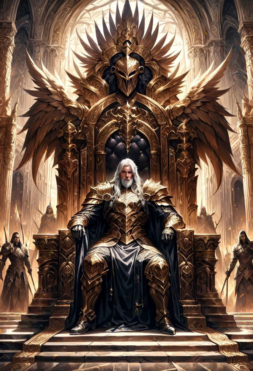 Photorealistic image ((Masterpiece)), ((high quality)) UHD 8K, of a majestic, incredible throne of the Viking god Odin, magnificent, tall large throne, silver and gold body, (Nornic runes), (shaped throne tree on top), (raven head on sides), (((Odin's throne in the immense palace of golden Valhalla and intricate details))), Realistic photo, Natural lighting, professional DSLR camera, wick ,robot,