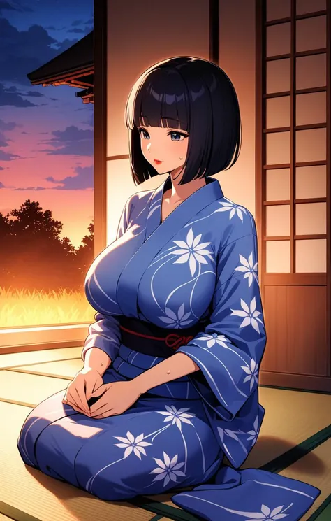 masterpiece, best quality, unity 8k wallpaper, highres, ambient light, perfect arm and hands, perfect anatomy, BREAK
black hair, bob cut, hime cut, thin lipstick, long eyes, long droopy saggy breasts, yukata, 1girl, 40 years old, milf, BREAK
summer, evening, hot day, Japanese-style house, garden, tatami, sweat, cool evening breeze, sitting on the veranda