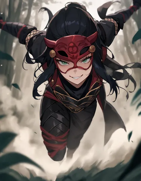 (close up, action shot), a female kunoichi, nija mask, full body ninja armor, dramatic,depth of field, wind effect, arms behind, fierce,wicked grin, calm, body portruding forward, (sprinting), running fast in a dense forest, (ninja run), ((face close to viewer)), at night, mist, fog, masterpiece, best quality, very aesthetic, absurdres,