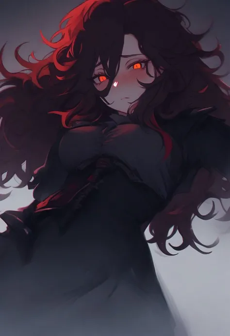 long messy magenta hair, orange pink eyes, shy, messy hair, magenta hair, waist length hair, long hair, solo, 1girl, above average tits,, volumetric lighting, shy, unaestheticXL_bp5, looking at viewer, vampire hunter
