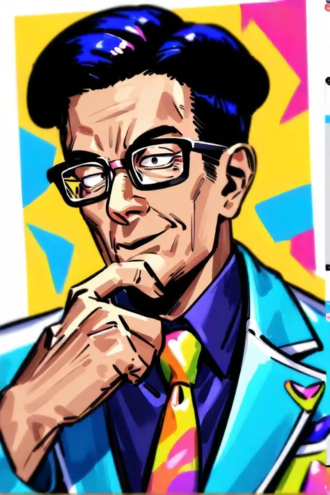 there is a man sitting in a chair with a yellow hair, a character portrait inspired by herbert adult man, short light hair, glasses, approachable expression, casual style, featured on instagram, maximalism, wearing a colorful men's suit, modern maximalist suit, neon colored suit