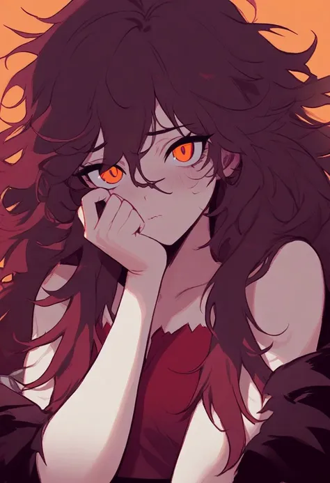 long messy magenta hair, orange pink eyes, shy, messy hair, magenta hair, waist length hair, long hair, solo, 1girl, volumetric lighting, shy, unaestheticXL_bp5, looking at viewer, vampire hunter